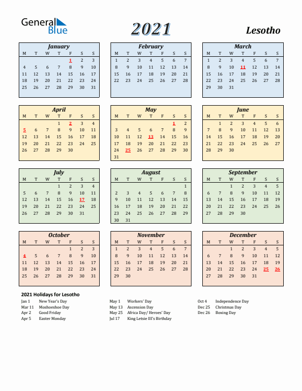 Lesotho Calendar 2021 with Monday Start