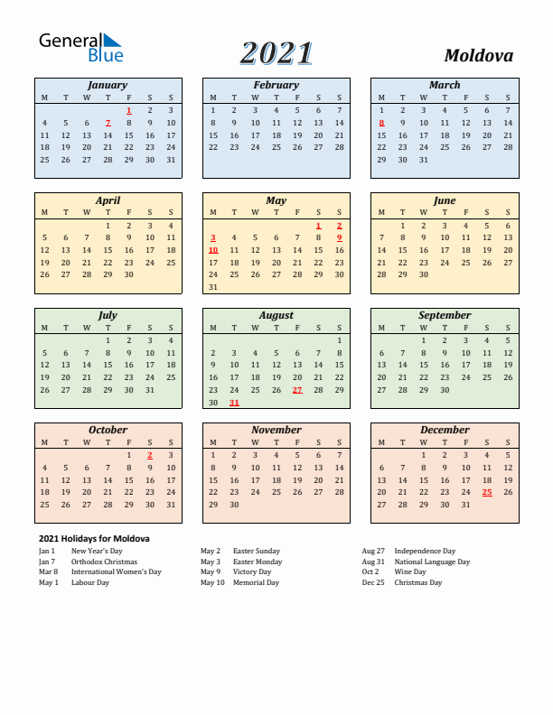 Moldova Calendar 2021 with Monday Start
