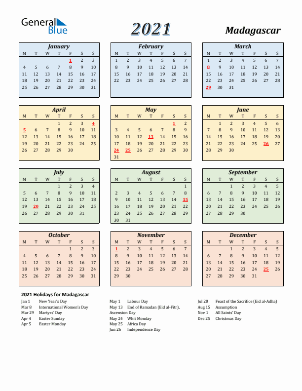 Madagascar Calendar 2021 with Monday Start