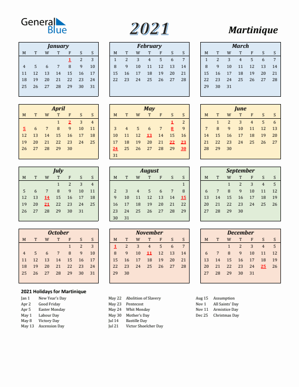 Martinique Calendar 2021 with Monday Start