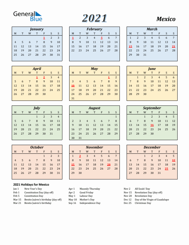 Mexico Calendar 2021 with Monday Start