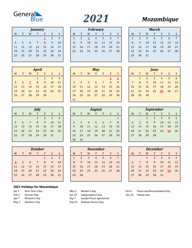 Mozambique Calendar 2021 with Monday Start