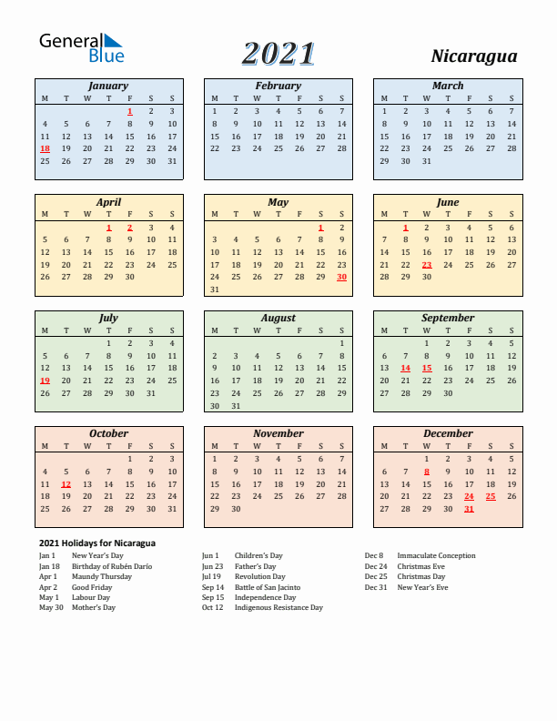 Nicaragua Calendar 2021 with Monday Start