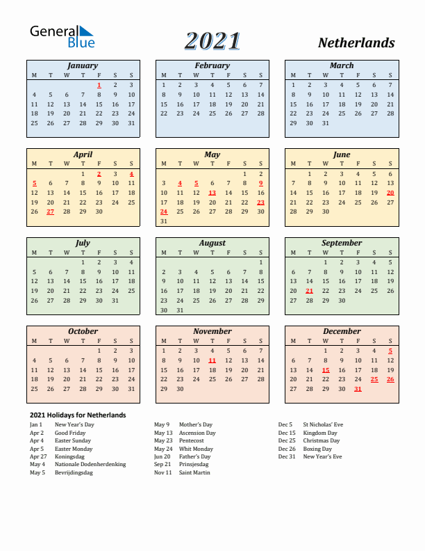 The Netherlands Calendar 2021 with Monday Start