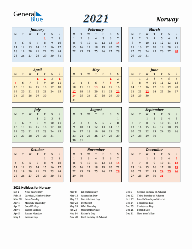 Norway Calendar 2021 with Monday Start