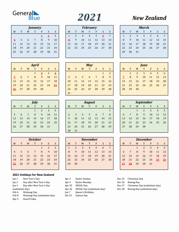 New Zealand Calendar 2021 with Monday Start