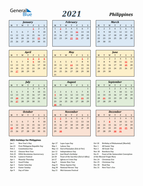 Philippines Calendar 2021 with Monday Start