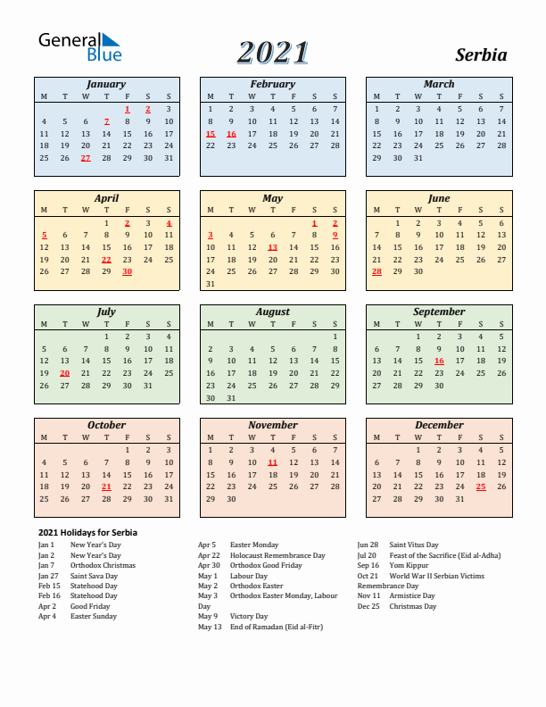 Serbia Calendar 2021 with Monday Start