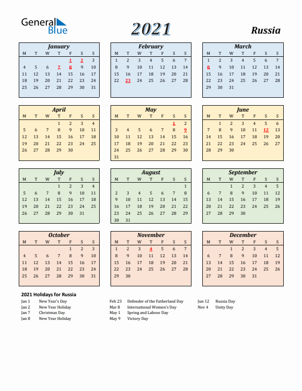 Russia Calendar 2021 with Monday Start