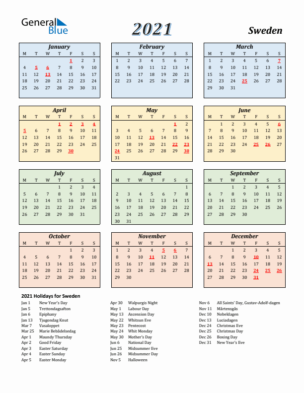 Sweden Calendar 2021 with Monday Start