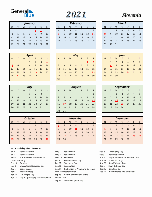 Slovenia Calendar 2021 with Monday Start