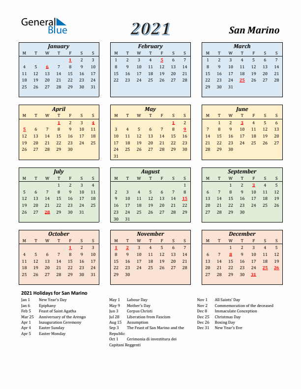 San Marino Calendar 2021 with Monday Start