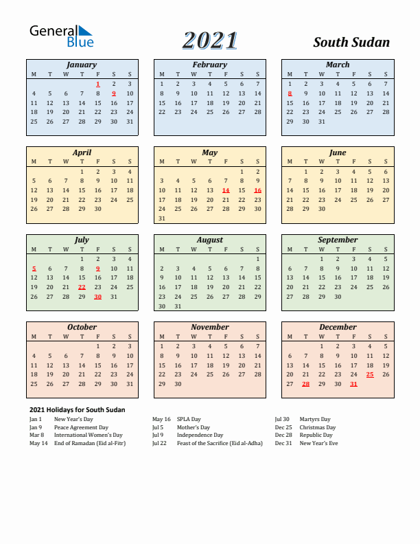 South Sudan Calendar 2021 with Monday Start