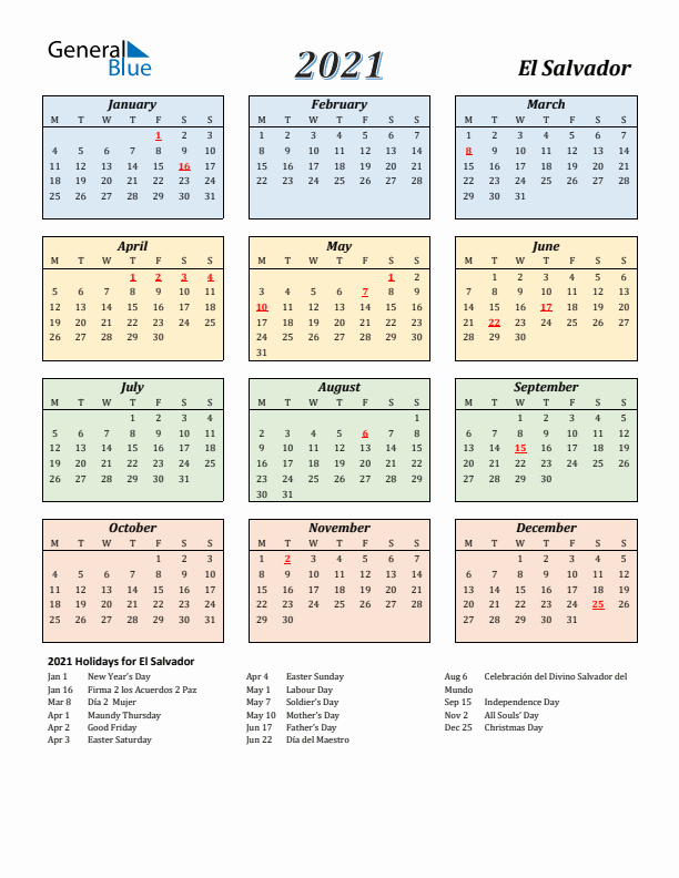 El Salvador Calendar 2021 with Monday Start