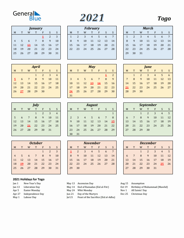 Togo Calendar 2021 with Monday Start