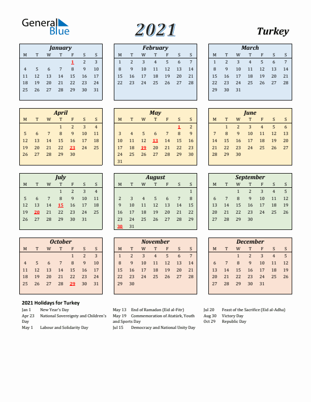 Turkey Calendar 2021 with Monday Start