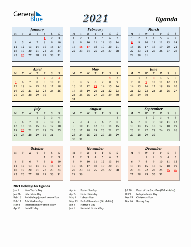 Uganda Calendar 2021 with Monday Start