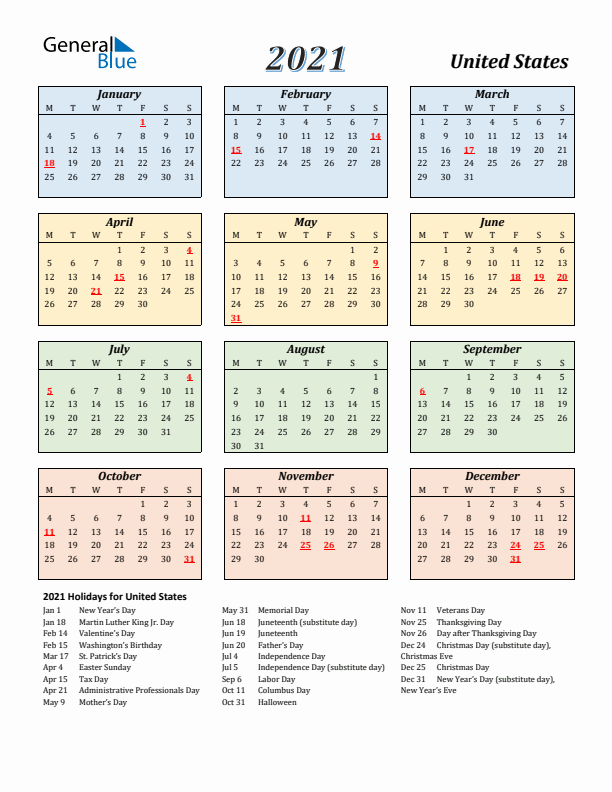 United States Calendar 2021 with Monday Start