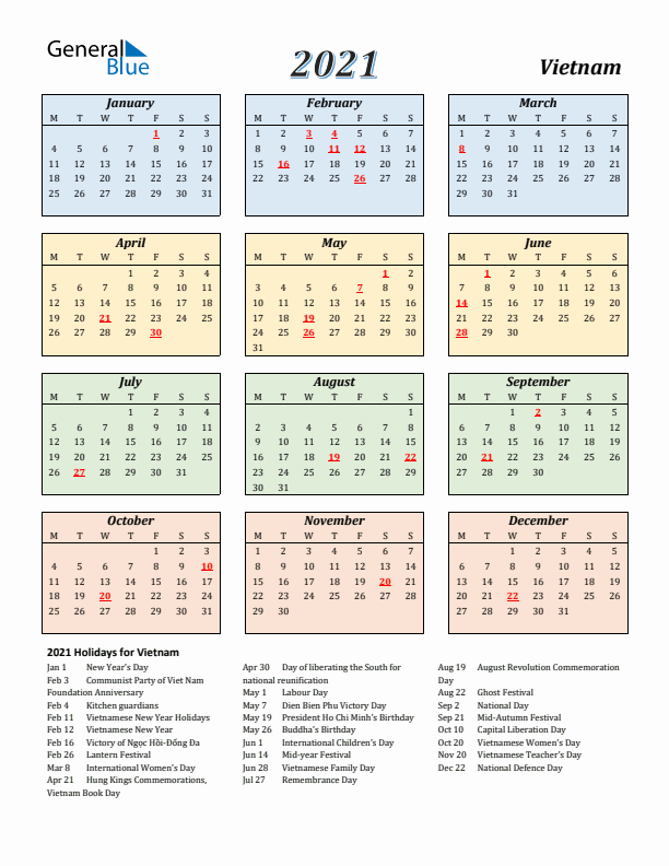 Vietnam Calendar 2021 with Monday Start