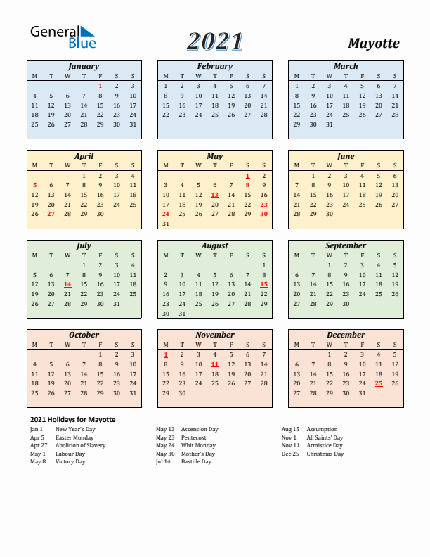 Mayotte Calendar 2021 with Monday Start