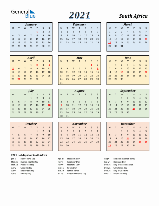 South Africa Calendar 2021 with Monday Start