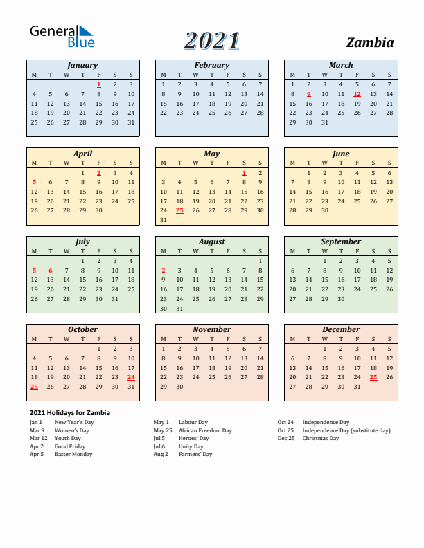 Zambia Calendar 2021 with Monday Start
