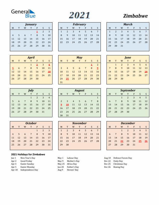 Zimbabwe Calendar 2021 with Monday Start