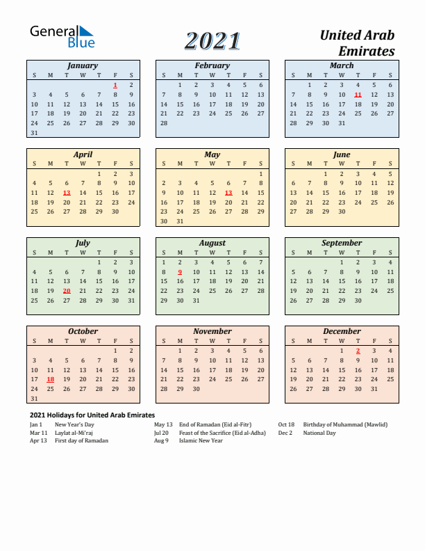 United Arab Emirates Calendar 2021 with Sunday Start