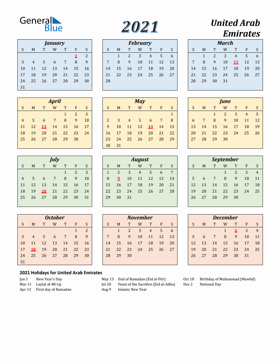 2021 United Arab Emirates Calendar with Sunday Start