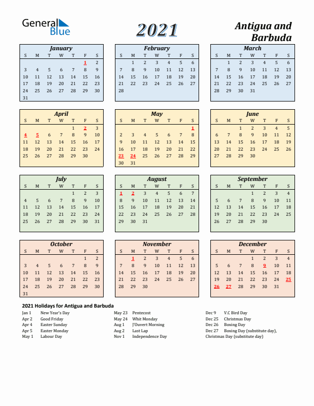 Antigua and Barbuda Calendar 2021 with Sunday Start