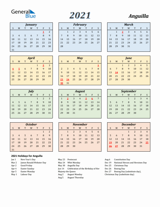 Anguilla Calendar 2021 with Sunday Start
