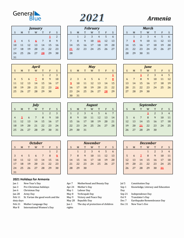 Armenia Calendar 2021 with Sunday Start