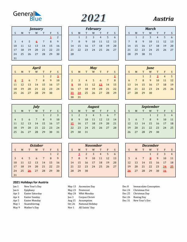 Austria Calendar 2021 with Sunday Start
