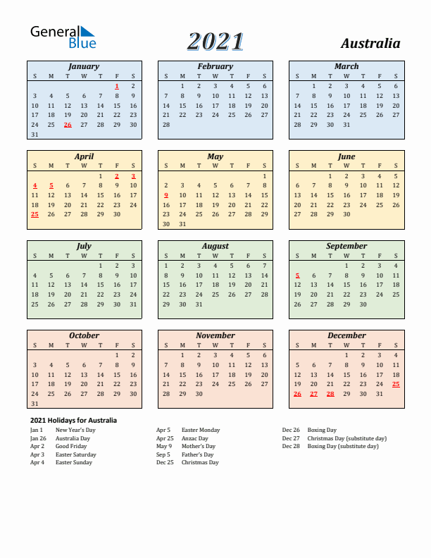 Australia Calendar 2021 with Sunday Start