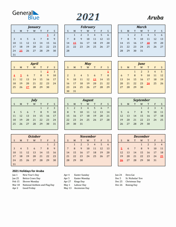 Aruba Calendar 2021 with Sunday Start