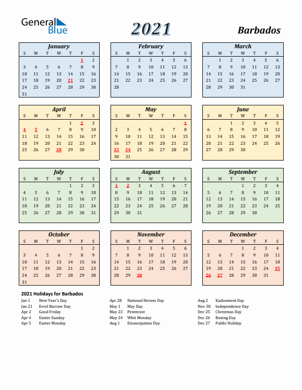 Barbados Calendar 2021 with Sunday Start