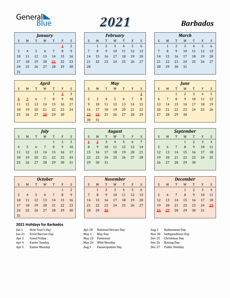 2021 Barbados Calendar with Sunday Start