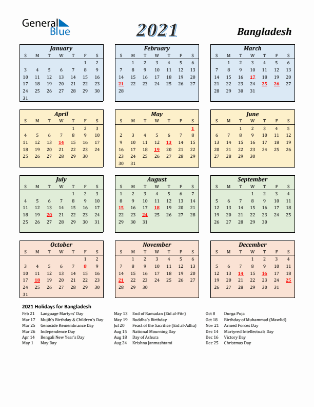 Bangladesh Calendar 2021 with Sunday Start