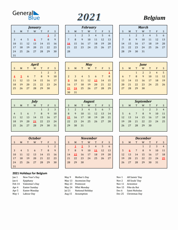 Belgium Calendar 2021 with Sunday Start