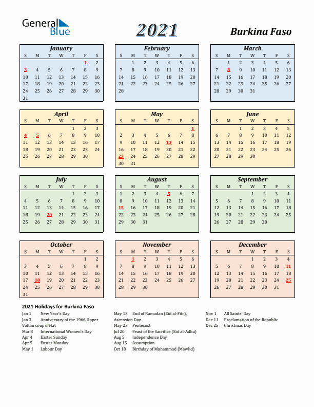 Burkina Faso Calendar 2021 with Sunday Start