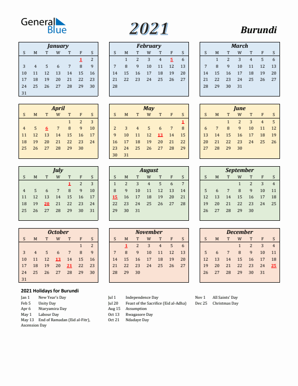 Burundi Calendar 2021 with Sunday Start