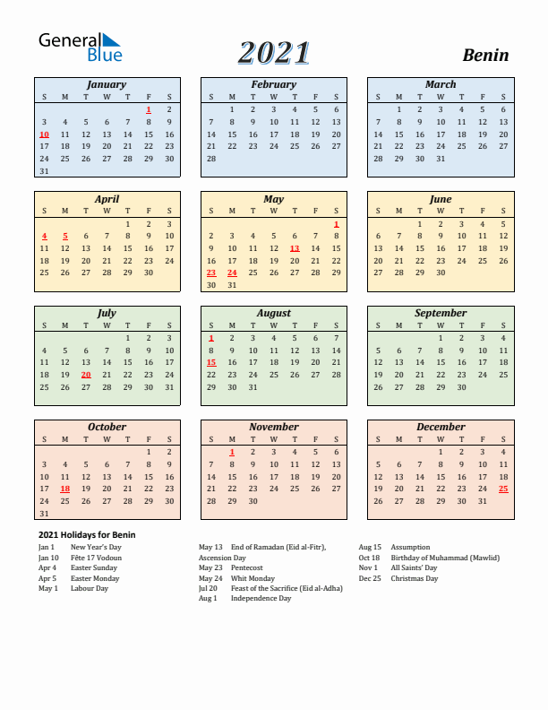 Benin Calendar 2021 with Sunday Start
