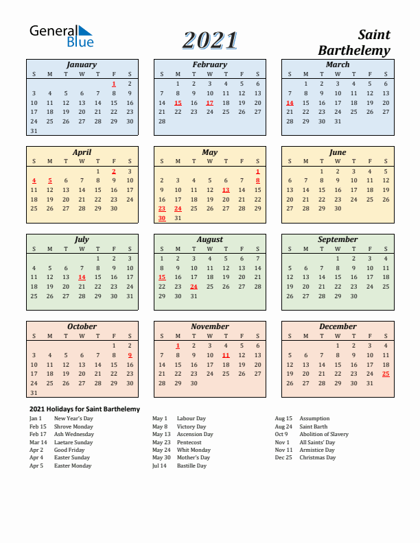 Saint Barthelemy Calendar 2021 with Sunday Start