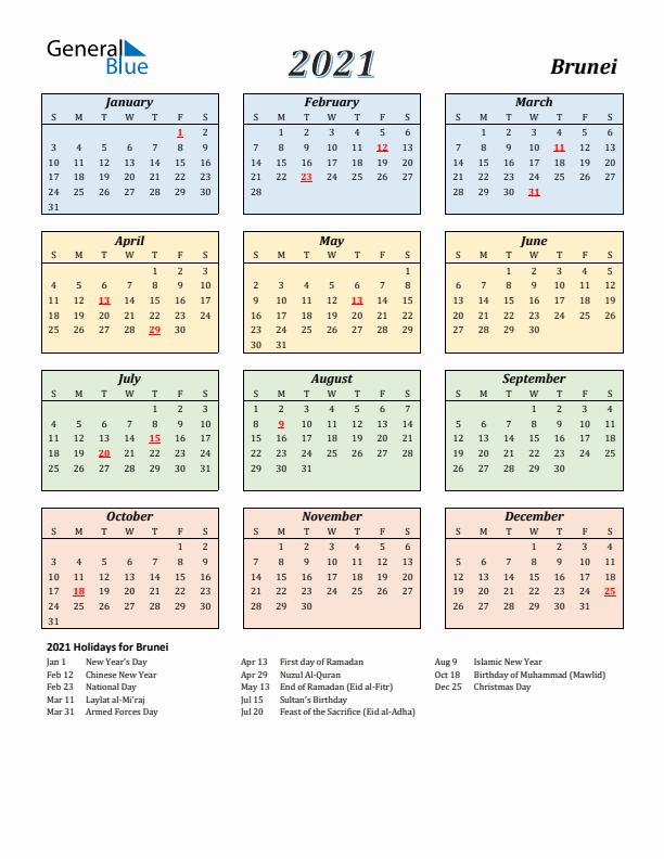 Brunei Calendar 2021 with Sunday Start