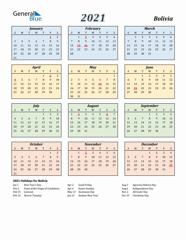 Bolivia Calendar 2021 with Sunday Start