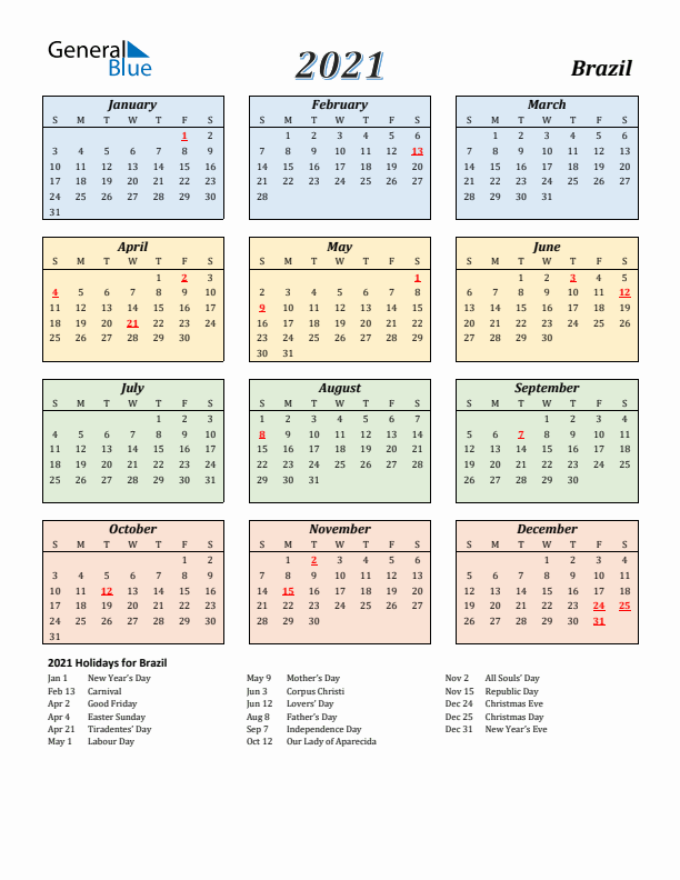 Brazil Calendar 2021 with Sunday Start