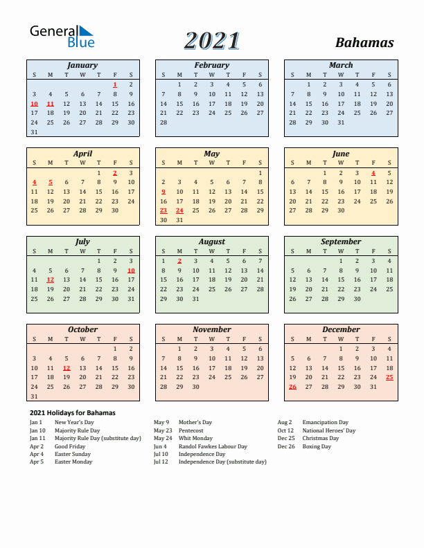 Bahamas Calendar 2021 with Sunday Start