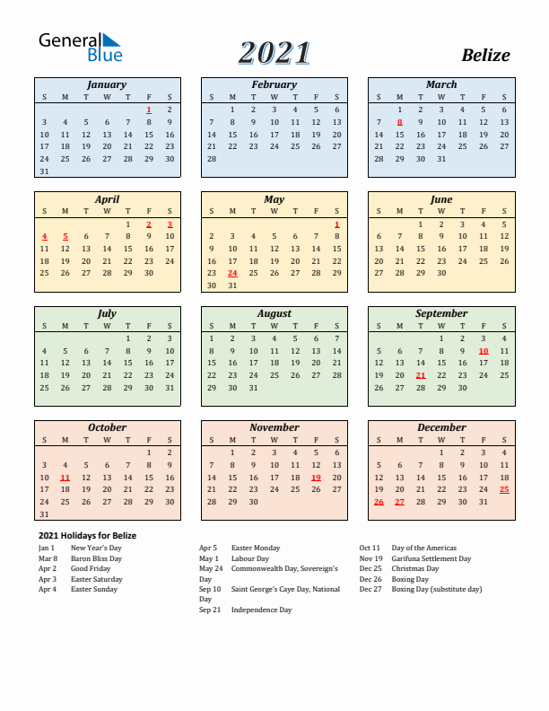 Belize Calendar 2021 with Sunday Start