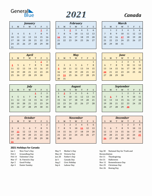 Canada Calendar 2021 with Sunday Start