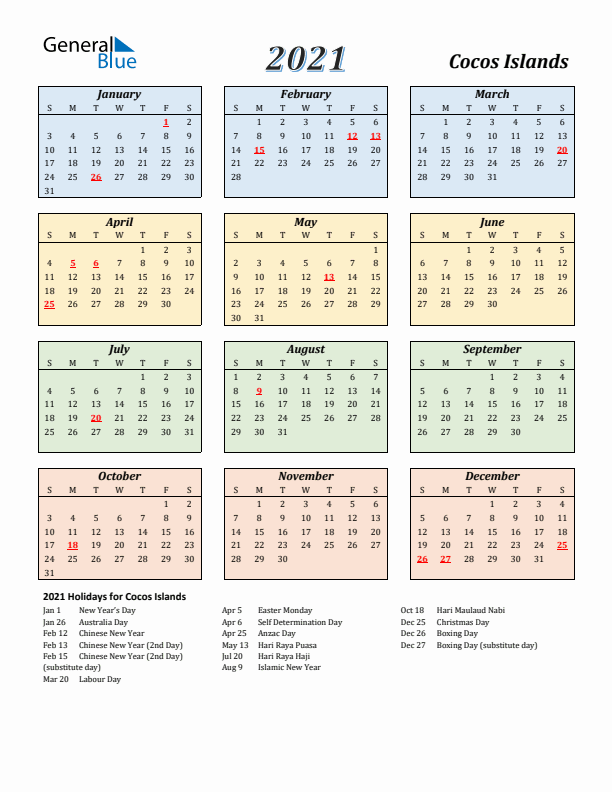 Cocos Islands Calendar 2021 with Sunday Start